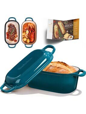 4.6-Quart Teal Oval Dutch Oven for Bread Baking 2 in 1 Enameled Cast Iron Pan